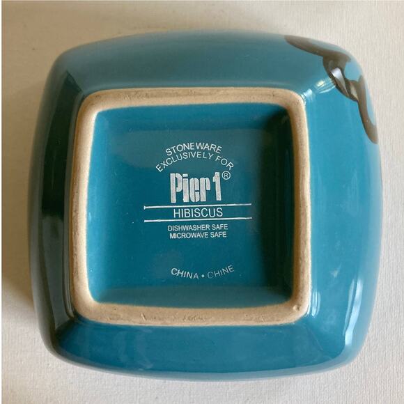PIER ONE Cereal Bowl Blue Hibiscus Brown Interior Square 5.5" Discontinued - Picture 7 of 9